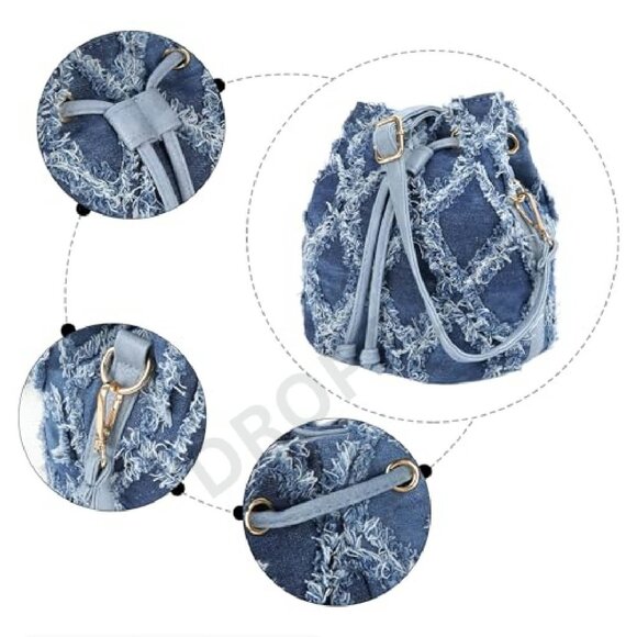 Denim Quilted Distressed Mini Bucket Satchel Purse Crossbody Shoulder Bag - Picture 5 of 8